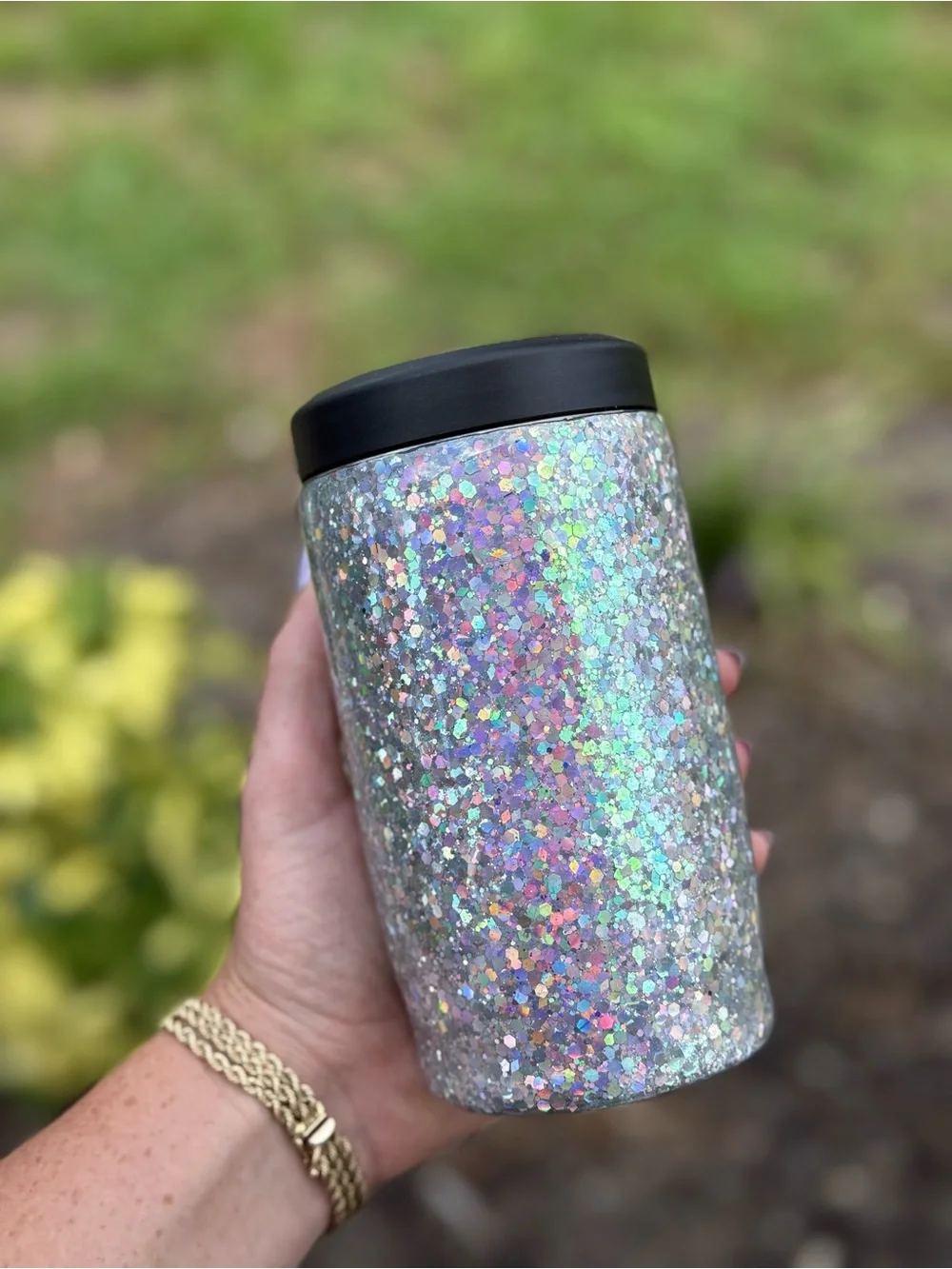 Glitter Silver Holographic Glitter Can Cooler Cup with Black Lid